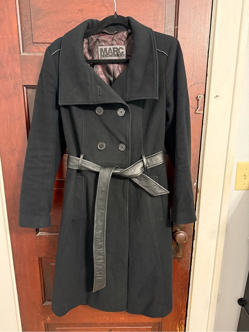 Marc New York Black Double-Breasted Wool Trench Coat with‎ Belt